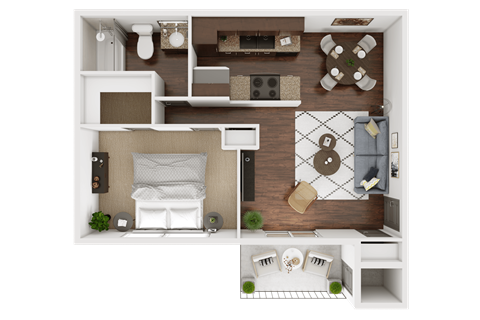 a 3d rendering of a bedroom with a living room